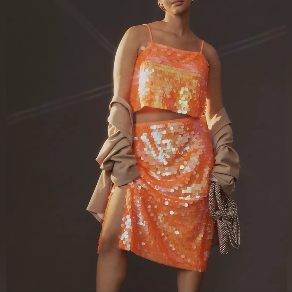 Anthropologie Vibrant Sequin Pencil Skirt,Orange Sequin Disc Skirt size 6 - Picture 4 of 14